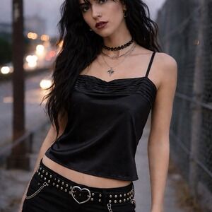 Vintage Camisole SIZE M Black satin pleat INDULGENCE 80s 90s Y2K Grunge Goth